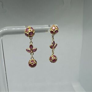 Gorgeous 18k Solid Yellow Gold Ruby Filigree Dangle Earrings Vintage - No Backs